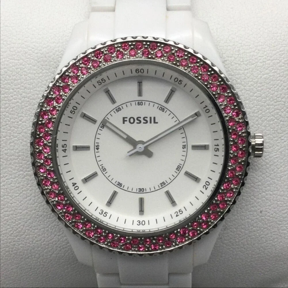 Fossil Stella Glitz ES-2441 Womens Watch 38mm Pink Crystal New Battery 6.5